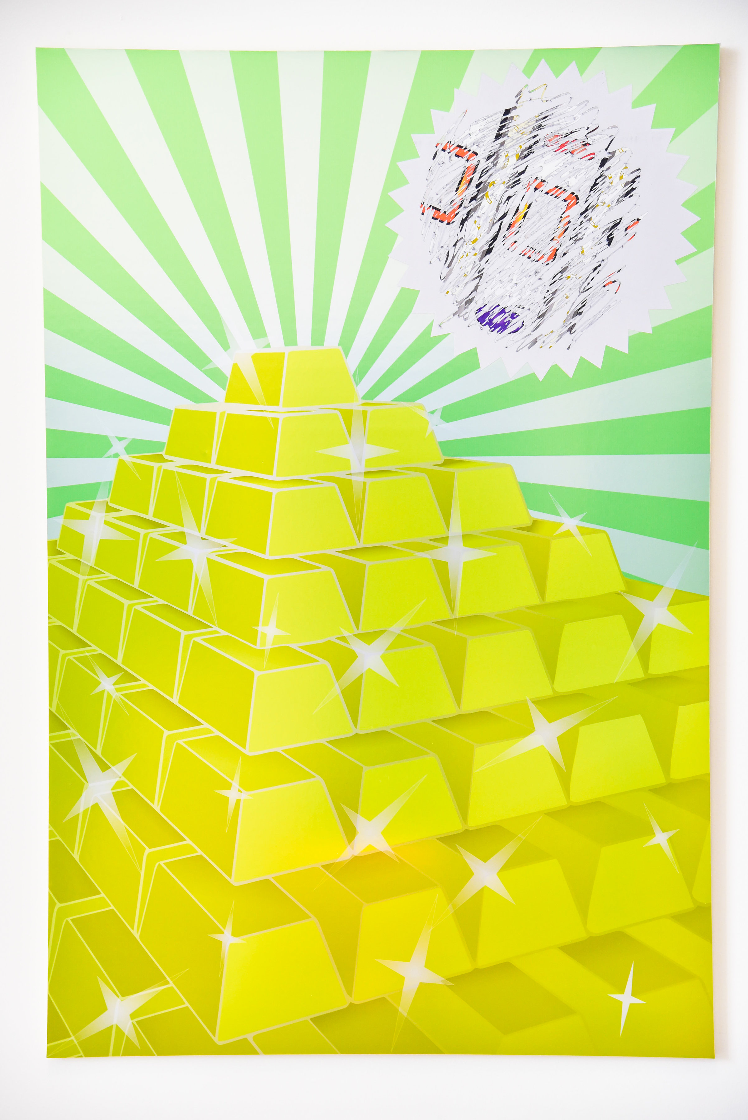 Millions of Bullion: Inkjet Print on Metallic Paper Mounted to Panel, UV Ink Screen Print